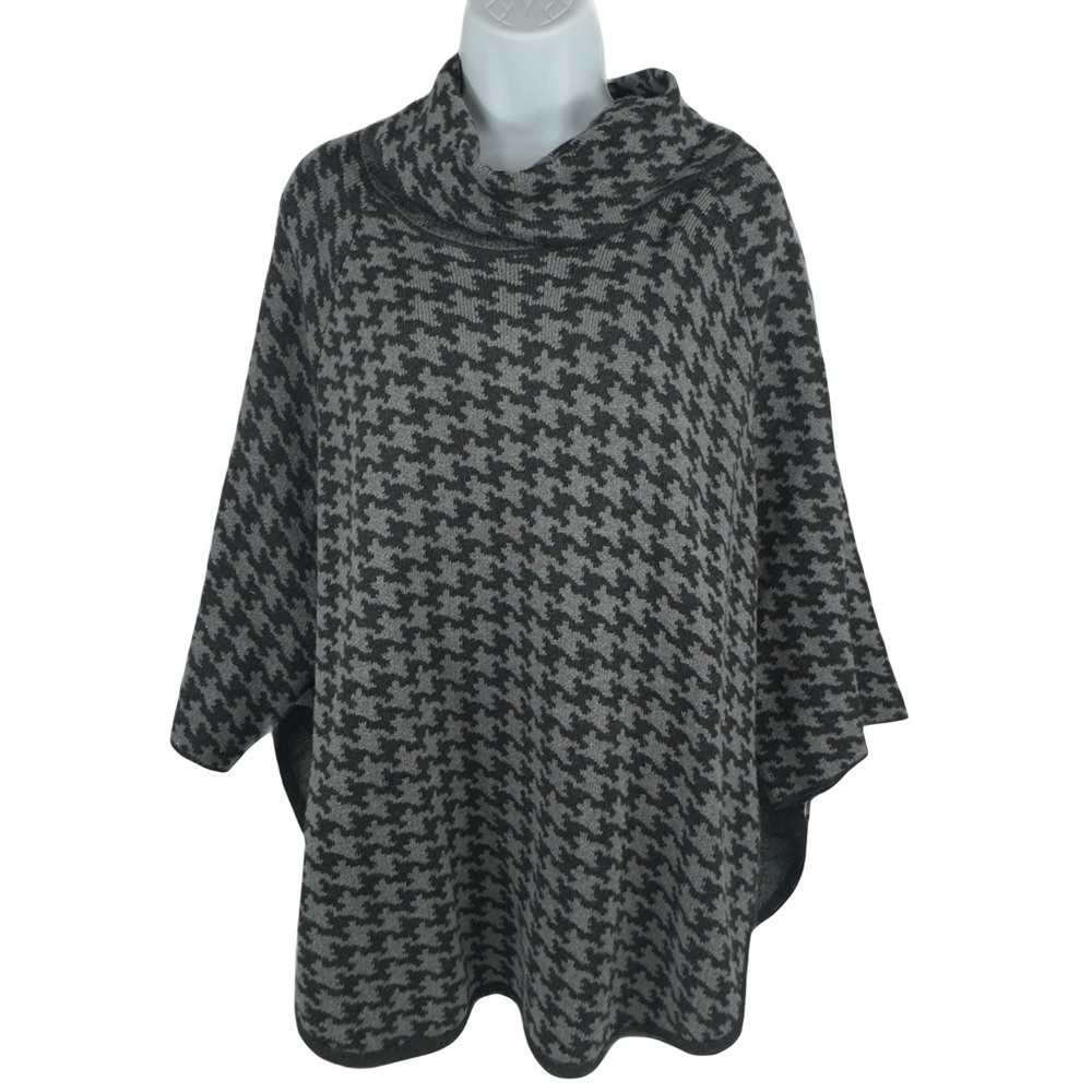 Ann Taylor LOFT Houndstooth Knit Poncho Turtleneck gray & black Petite M/L